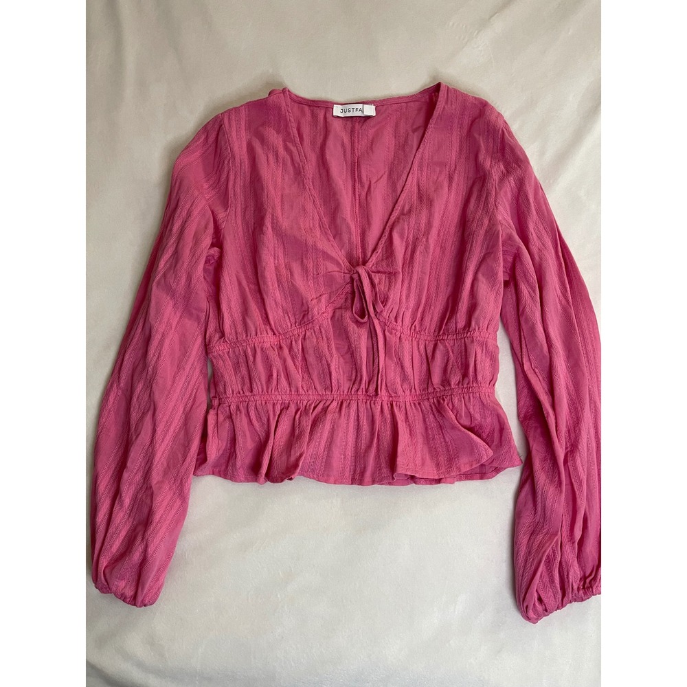 JustFab Pink Cotton Tie Front Smocked Peplum Blouse Long Sleeve Top Large